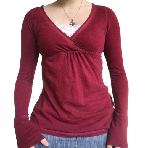 Women Lace Trim Long Sleeve T-Shirts Fairy Aesthetic Slim Fit Crop Tops Basic Blouse Y2k Teen Girls Streetwear