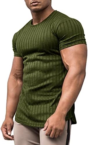 URRU Men's Muscle T Shirts Stretch Short Sleeve Bodybuilding Workout Casual Slim Fit Tee Shirts Army Green L