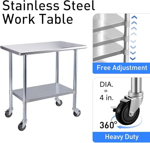 Image of ROCKPOINT Stainless Steel Table for Prep & Work with Caster Wheels 30x72 Inches, NSF Metal Commercial Kitchen Heavy Duty Table with Adjustable Under Shelf and Table Foot for Restaurant, Home and Hotel
