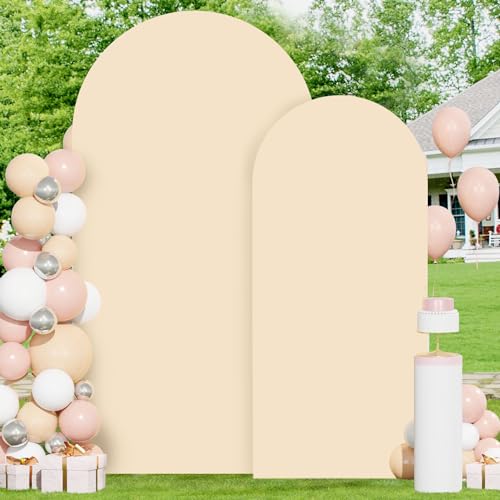 Image of FOTSHARER Beige Wedding Arch Cover 6FT 7.2FT Spandex Fit Arch Covers Stretchy Backdrop Set of 2 Balloon Arch Stand Cover Chiara Arched Backdrop Cover for Baby Shower Birthday Party Decorations