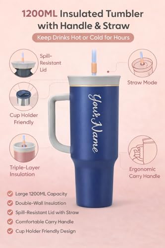Image of Zephorus Personalized Stainless Steel Triple Layer Insulated Travel Tumbler with Spill Resistant Lid, Straw, and Carry Handle, BPA Free, 40 oz, (1200ml Blue)