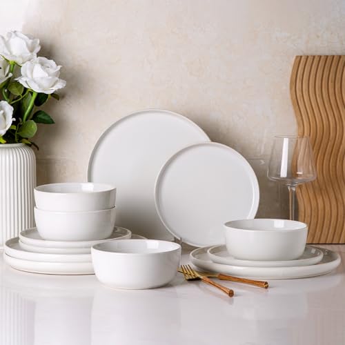 Image of AmorArc Stoneware Dinnerware Sets,Round Reactive Ceramic Plates and Bowls Set,Highly Scrath Resistant | Dishwasher & Microwave Safe Dishes Set,Service for 4 (12pc)-White