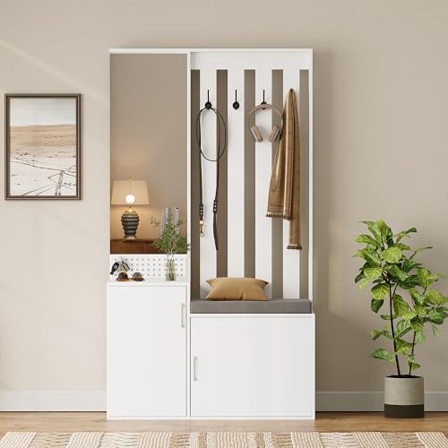 Panca portaoggetti multifunzionale da ingresso con specchio a figura intera, scarpiera e seduta comoda, albero moderno per corridoio, ingresso, armadio (panca multiuso per scarpiere)