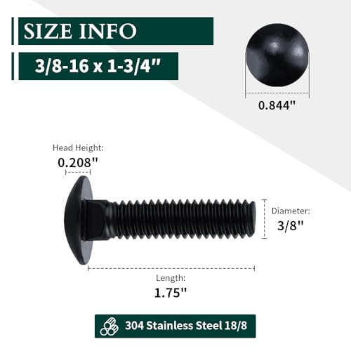 Image of 3 /8-16 x 1-3 /4 inch Black Steel Carriage Bolts, 304 Stainless Steel 18-8, Round Domed Head Square Neck Carriage Bolts Screws, Coarse Thread UNC, 10 PCS