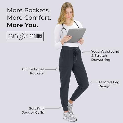 Image of READY SET SCRUBS - Scrub Pants for Women - 2 Pack - Cargo Jogger Pants Set with 8 Pockets - Yoga Waistband - Soft & Stretchy