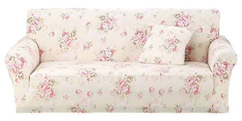 Printed Couch Cover Stretch Sofa Cover Sofa Protector for Sofa-3 Seater Elastic Sofa Slipcover with 1 Pillowcase (Pink Rose, Sofa-3 Seater)