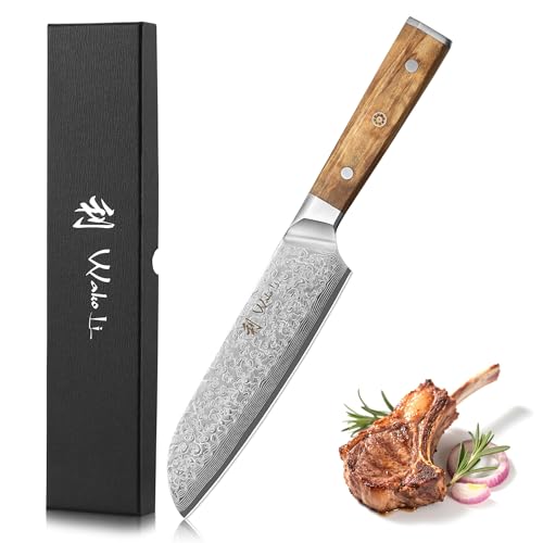 Produktfoto von Wakoli Oribu Küchenmesser mit scharfer 17,5 cm Damastklinge aus 67 Lagen Damaststahl - Santoku Messer mit…
