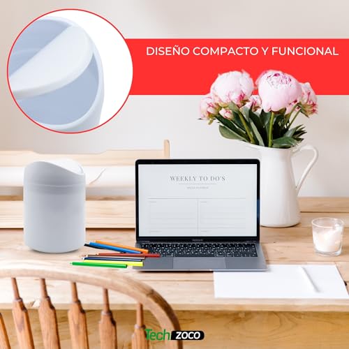Miniatura 3 de Techzoco Papelera De Mesa Con Tapa Abatible, Mini Basurero De Mesa, Cubo De Basura Para Escritorio, Papelera Escritorio De Oficina, 17.5 Cm De Altura, Plástico, 1.4 Litros, Blanco