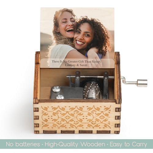 Personalized Music Box - Custom with Your Photo & Text - Wooden Hand Crank Music Box - Vintage Engraved - Solid - You are My Sunshine
