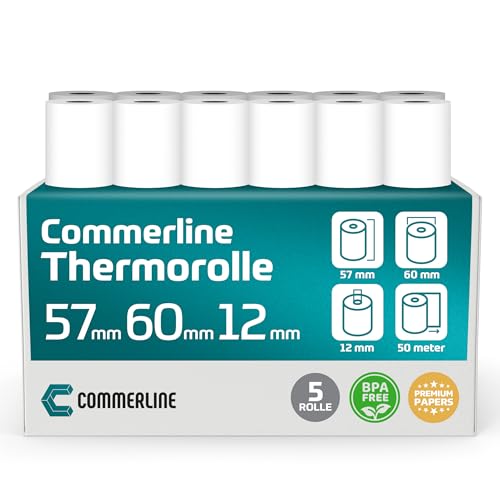 Commerline Thermorollen | 57mm x 60mm x 12mm, 50 Meter, 5 Rollen | Ec Rollen, Bonrollen Ec gerät, Thermopapier, Kassenrollen