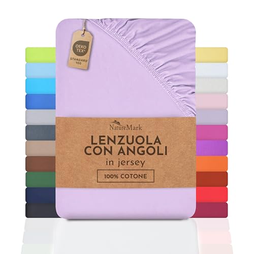 NatureMark Lenzuolo con angoli elasticizzati in jersey, in 100% cotone, in molti colori e misure, conforme all’Oeko-Tex Standard 100, 90 x 200 cm - 100 x 200 cm Lilla/lavanda