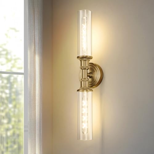 Image of Ken & Ricky Hardwired Modern 24 inch Wall Sconce,Brush Gold | Clear Glass,Easy Install,Sconces Decor,1PK,Wall Light fixtures for Bathroom Mirror Living Room Hallway Bedroom