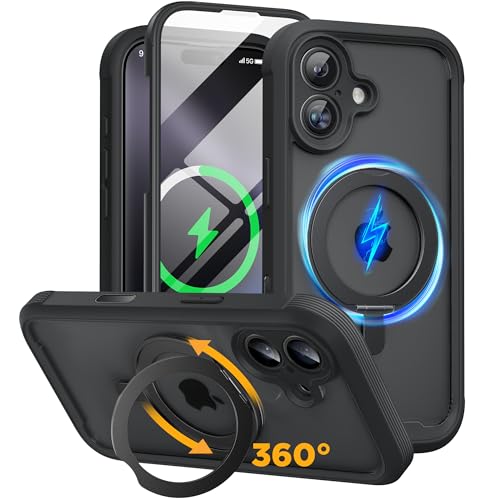 Image of Miracase for iPhone 16 Case with 360 Magnetic Ring Stand [Compatible with Magsafe] Full-Body Drop Proof Bumper Phone Case with Built-in 9H Tempered Glass Screen Protector,Black