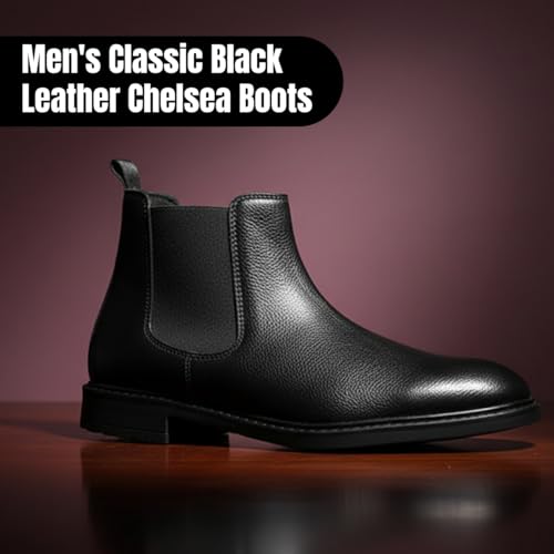 Image of CRACHERS Men's Classic Black Leather Chelsea Boots | Formal & Casual Slip-On Ankle Boots with Elastic Side Panel and Pull Tab | Durable & Stylish Lightweight Boots for Men