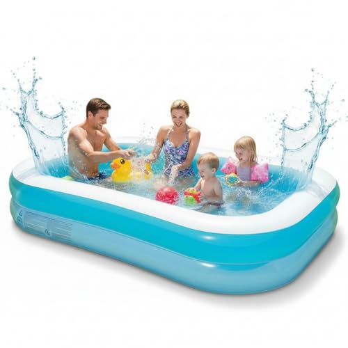 Image of Coku Family Inflatable Swimming Pool for Kids & Adults | 3-Ring Rectangular Extra Large Pool, Thick PVC Foldable Bathtub, 8.5 x 5.75 Feet for Backyard, Garden, Indoor Outdoor Summer Use