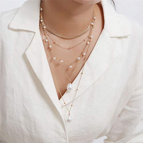 Fxmimior Boho 5 Tier Gold Punk Chain Layered Necklace Dainty Pearls Pearls Pendant Long Choker Necklaces Jewelry For Women #TOP1
