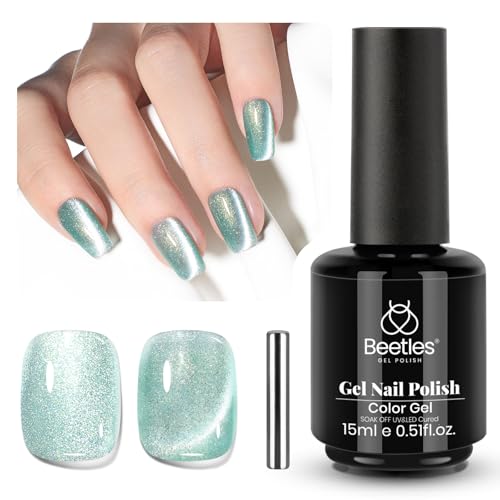 Image of Beetles Green Cat Eye Gel Polish, 15ML Mint Green Cat Eye Glitter Gel Polish with Magnet Soak Off UV Shimmer Velvet Gel Mint Stardust Series French Nail Art Design Manicure Gifts for Women
