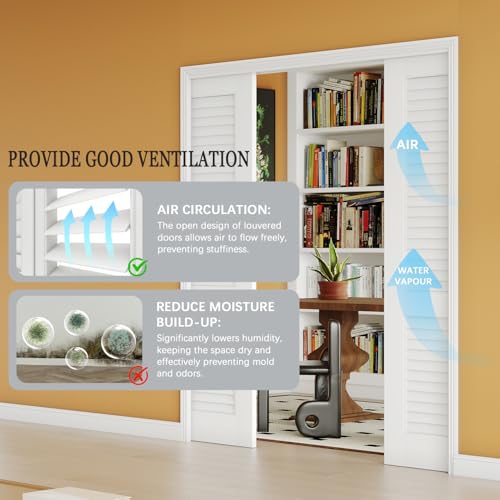 Image of 60 inch x 80 inch Sliding Pocket Door, Louvered Pantry Doors with Frame and Hardware Kit, Interior Door, White Primer Closet Doors - No Panel Assembly Required