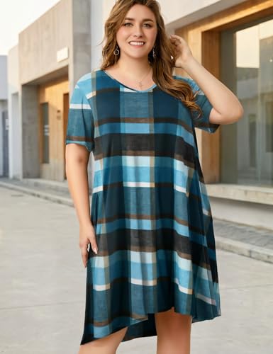 Image of OVERWORETY Womens Short Sleeve Plus Size T-Shirt Dress V Neck Casual Loose Swing A-Line Summer Tunic Dresses with Pockets