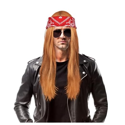 Aomig Disfraz Años 80, 4pcs Disfraces Hippies con Pelucas Hombre Larga, Bandana Roja y 2 Redecilla Pelo, Disfraz Rockero de Metal Pesado, Accesorios Hippies para Halloween Cosplay Carnaval Fiesta