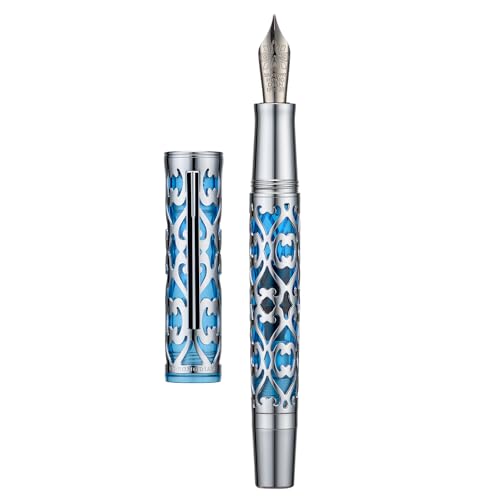 Image of Hongdian D1 Piston Fountain Pen Fine Soft Nib, Silver Blue Hollow Skeleton & Resin Pen with Metal Case Set
