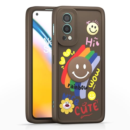 Image of Pikkme Back Cover for OnePlus Nord 2 5G | Soft Silicone| Cute Rainbow Smile & 3D Cartoon Flower Design | Shockproof Raised Camera Protection Bumper Case (Brown)
