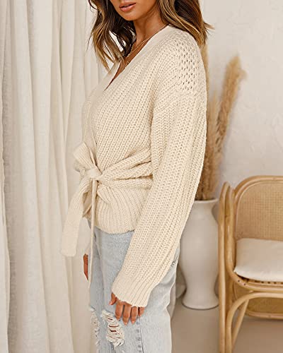 Foshow Womens Wrap Long Batwing Sleeve Sweaters Tops V Neck Belted Waist Tie Front Pullover Sweater Ribbed Knit Jumper (Small, Beige) #TOP1