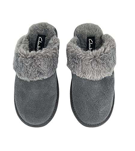 Image of Clarks Womens Open Back Suede Leather Comfort Clog Slipper JMS0583C - Plush Faux Fur Trim - Indoor Outdoor House Slippers For Women