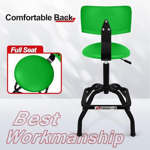 Image of Shop Stool with Backrest, Mechanic Garage Stool for Workshop, Adjustable Shop Stools Chair, Padded Workbench Stools for Men Women, 300 LBS Capacity, 360 Swivel PVC Seat, Heavy Duty, Green