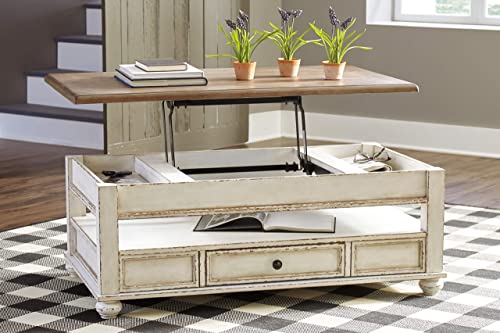 Signature Design By Ashley Realyn Vintage Farmhouse Rectangular Lift Top Coffee Table With Storage Drawer, White & Brown #TOP5