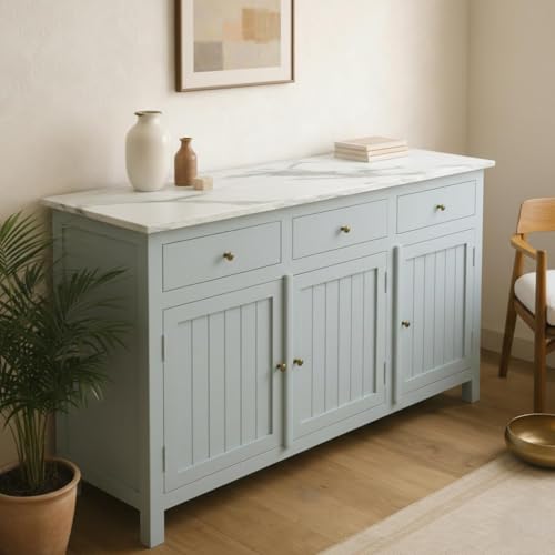 Image of Solid Wood Madrid 3 Drawer Sideboard | Sideboard Cabinet with Sintered Stone top | Finish- Premium Acrylic Silver Grey