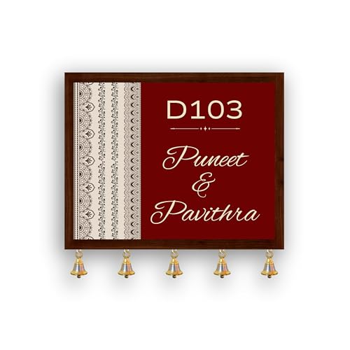 Image of Customised Name Plate for Home Entrance | Wooden Door Name Plate with Brass color Bell & Matte Finish for Home Decor | Personalized with Name & Apartment Number | 10x14 inch | Housewarming Gift