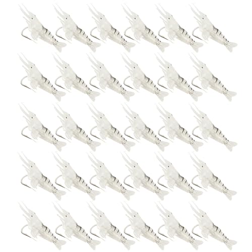 30PCS Fake Soft Shrimp Lures Baits with Fishhook, Pre-Rigged Jigs Realistic Fishing Baits Lures for Freshwater Saltwater/Super Durable & Reusable Fish Gear Lure for Bass Salmon Trout/1.7Inch/Clear