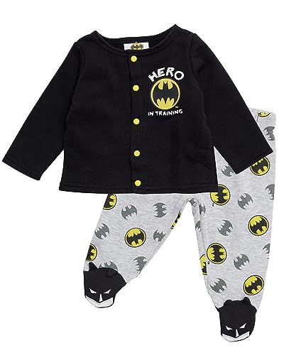 BATMAN Baby Boys Newborn Outfit with Snap Shirt and Baby Footed Pants Baby Clothes (Black/Grey/Yellow, 0-3M)