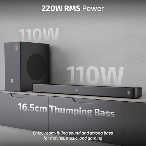 Image of iBall Cinebar 100 220W Soundbar, 2.1 Channel, Deep Bass, 16.5 cm Subwoofer, AuralSphere Surround Audio, Quad Driver Audio, BT v5.3, HDMI ARC, Optical, USB, AUX, LED Display, Wall Mountable, EQ Modes
