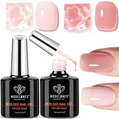 modelones Base Coat Builder Nail Gel, 2 Pcs Cover Nude and Rose Pink Gel