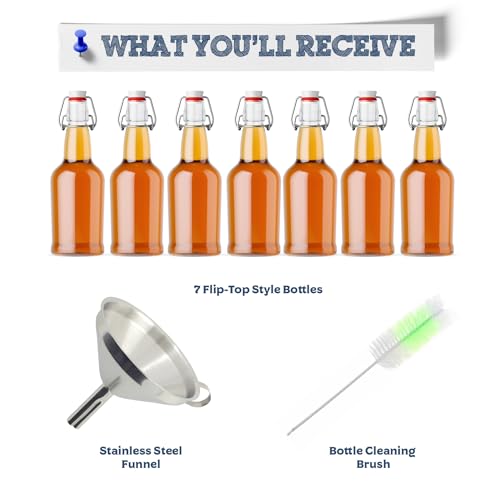 Fermentaholics Kombucha Bottling Kit – 7 Flip Top Glass Bottles, Stainless Steel Funnel & Cleaning Brush – Airtight, High-Pressure Bottles for Fermenting Kombucha, Water Kefir, Ginger Beer & More