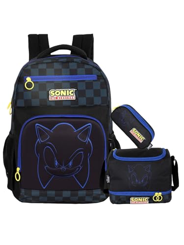 Kit Escolar Mochila de Costas Sonic + Lancheira Grande + Estojo Triplo