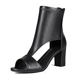 Sailimy Women's Peep Open Toe Sandals Booties, Black Leather Cutout T Strap Zipper Back Pump Ankle Boots, Hollow Caged Wrap Up Prom Block Heels High Heeled Dress Comfort Summer Fall Shoes 9