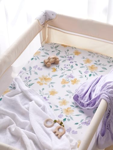 Image of TILLYOU Mini Crib Sheets Fitted 2 Pack, Pack and Play Sheets for Toddler Mattress, Soft and Breathable 38 inchx 24 inch Pack n Play Mattresses Cover, Flower Whispers