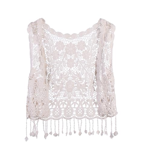 ​Little Girls Crochet Vest Sleeveless Open Front Lace Cardigan Tops with Fringe Toddler Boho Vacation Vest