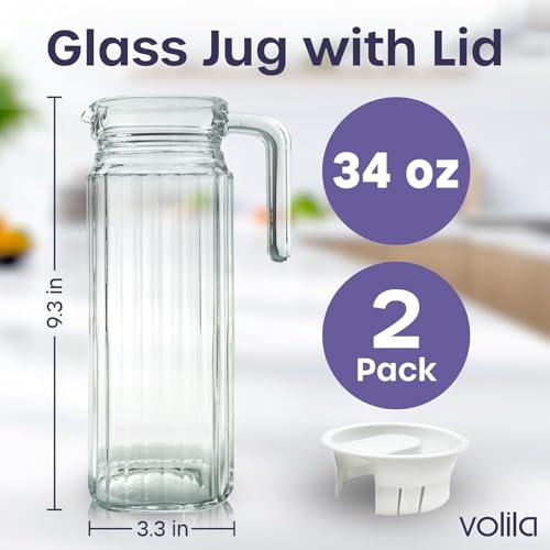 TIINER Fridge Jug 1L Glass Water Jug with Lid (2 Pack) - Clear Water Pitcher with Ribbed Glass Jug Design & Handle for Fridge Shelf & Everyday Use with Vented Spout - Juices, Pimms & Picnics