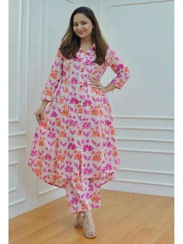 Greciilooks Women's Cotton Blend Floral Regular Fit Kurta Set (Gl-W1836_Pink&Orange_Xl)