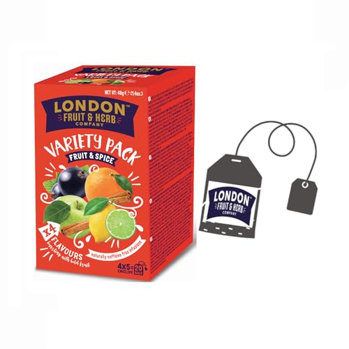 LONDON FRUIT & HERB COMPANY London Fruit® | Surtido de infusiones de frutas | 5 Manzana Canela, 5 Grosella Negra, 5 Especias de Naranja, 5 Lima Limón - 20 Filtros | Infusiones de hierbas sin cafeína