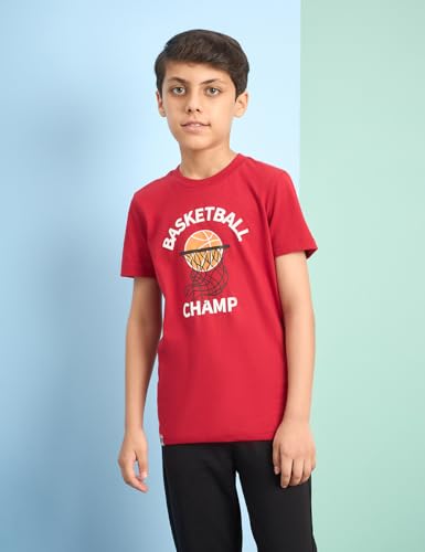 Image of Amazon Brand - Symbol Boy's Regular Track Pants and t-Shirt(SS19TRS486 Sage Red + Black 12-14Y)