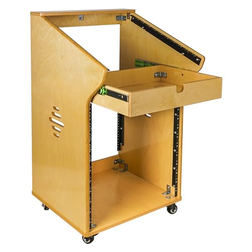 Sound Town DIY Solid Baltic Birch Plywood Studio Rack with 11U Slant Mixer Top,12U Front, 2U Drawer, Rubber Feet, Casters, Golden Oak (SDRK-M11X12)