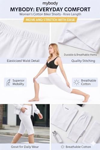 Image of mybody Women's Cotton Knee Length Cycling Shorts | Stretchable Breathable Biker Gym Yoga Workout Shorts | Mid Waist Athletic Fit