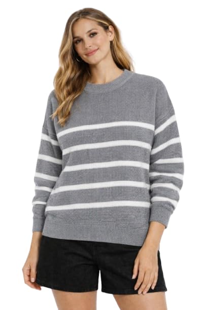 nobarr Women's Acrylic Grey Striped Knit Sweater Loose Fit Winter Pullover-picture-17