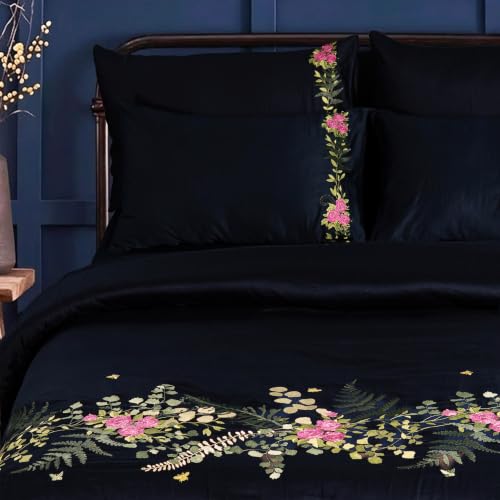 Image of Embroidered Premium Bedsheet Set | 300 TC 100% Cotton 1 Queen Bedsheet Set | Extra Smoothness with Sateen Weave| Autumn Navy Bedsheet Set (1 Flat Sheet + 2 Pillow Cases)