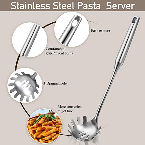 2 Pieces Spaghetti Spoon Large Pasta Server Utensil, 9.4 Inch Stainless Steel Pasta Tong and 13.6 Inch Pasta Fork with Vacuum Handle, Comfortable Grip Design Spaghetti Server for Kitchen